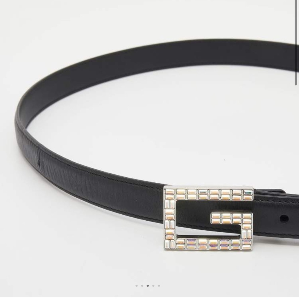 Gucci Black Leather Square G Crystal Madelyn Buckle Belt